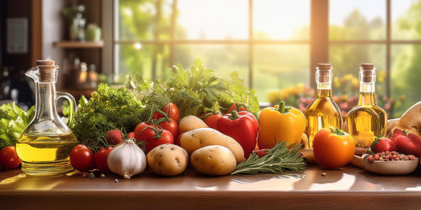 Auf einem Holztisch liegen frische Lebensmittel wie Paprika, Tomaten, Kartoffeln, Knoblauch, Erdbeeren und Kräuter. Daneben stehen Glasflaschen mit Öl. Darstellung kann auf gesunde Ernährung und Ernährungsberatung hinweisen.